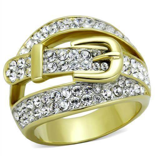 Stylish gold belt ring for women featuring sparkling rhinestones in a unique buckle design