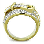 Glamorous gold belt ring for women adorned with sparkling clear crystals