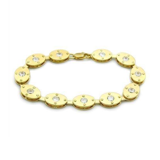 Gold brass bracelet for women featuring oval links and sparkling rhinestones