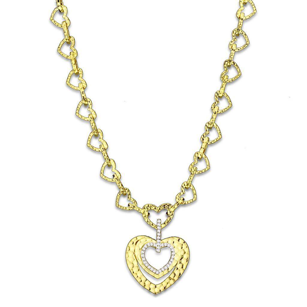 Gold brass heart necklace featuring layered heart pendants and an elegant link chain design