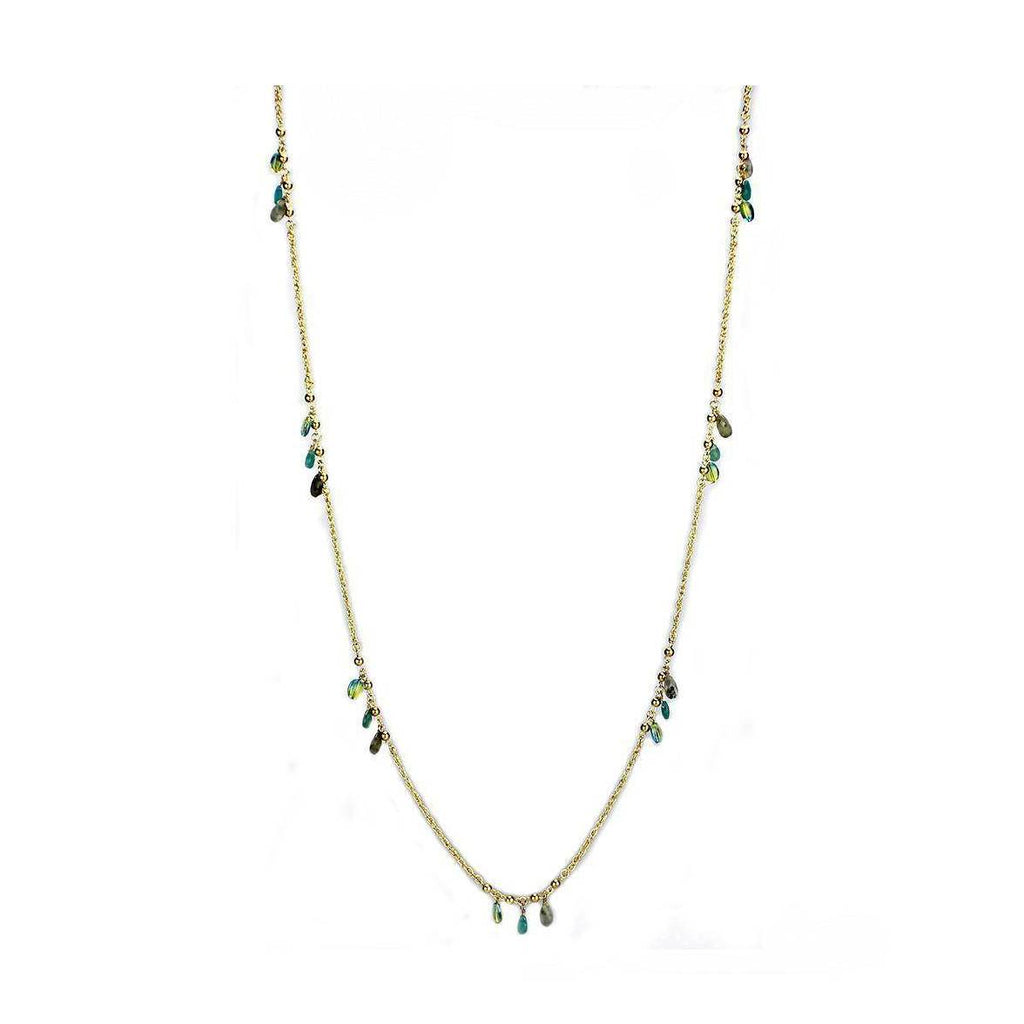 Gold brass necklace for women with dangling green and blue charms for a stylish touch