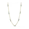 Gold brass necklace for women with dangling green and blue charms for a stylish touch