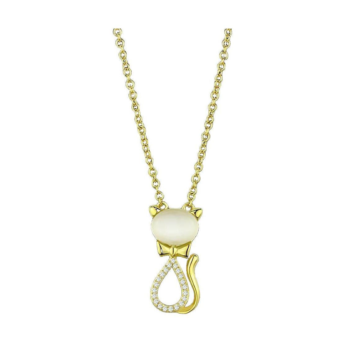 Gold cat pendant necklace for women featuring a heart-shaped charm and sparkling details