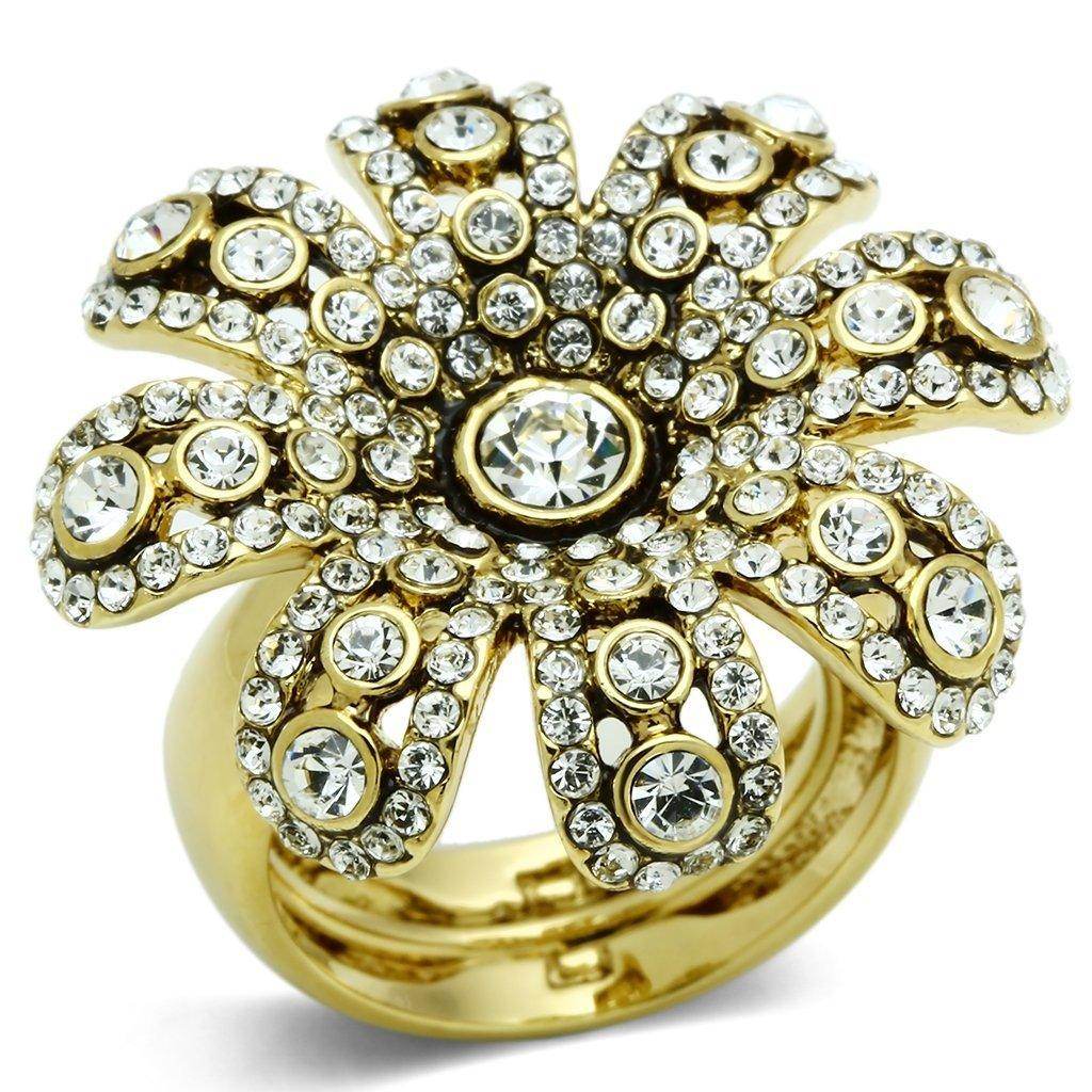 Gold flower statement ring for women adorned with sparkling rhinestones for a glamorous look