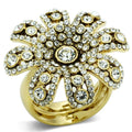 Gold flower statement ring for women adorned with sparkling rhinestones for a glamorous look
