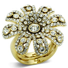 Gold flower statement ring for women adorned with sparkling rhinestones for a glamorous look