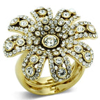 Gold flower statement ring for women adorned with sparkling rhinestones for a glamorous look