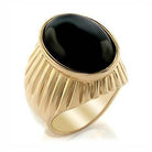 Elegant gold men's onyx ring with a polished oval black stone and textured band