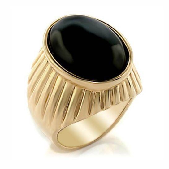 Elegant gold men's onyx ring with a polished oval black stone and textured band
