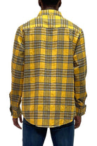 Men's gold plaid long sleeve shirt by VacationGrabs featuring a checkered back design
