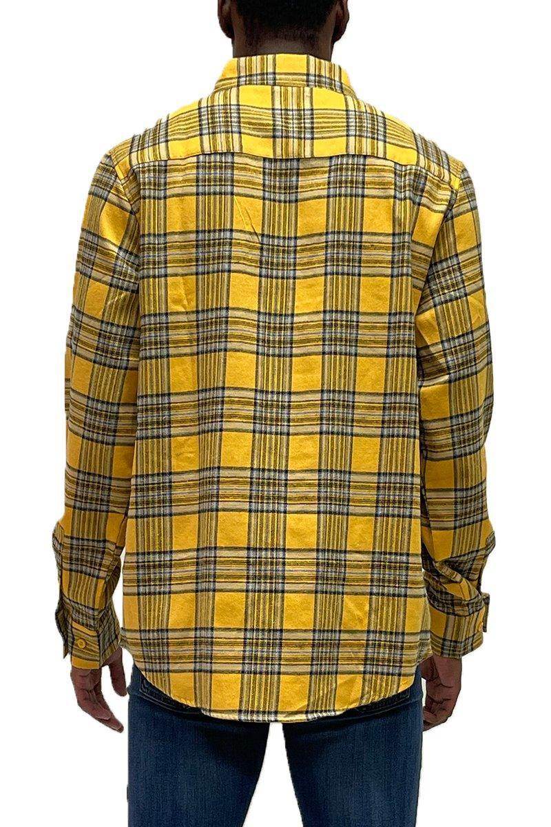 Men's gold plaid long sleeve shirt by VacationGrabs featuring a checkered back design
