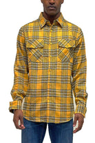 VacationGrabs gold plaid long sleeve shirt with two chest pockets for a stylish look
