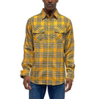 VacationGrabs gold plaid long sleeve shirt with two chest pockets for a stylish look
