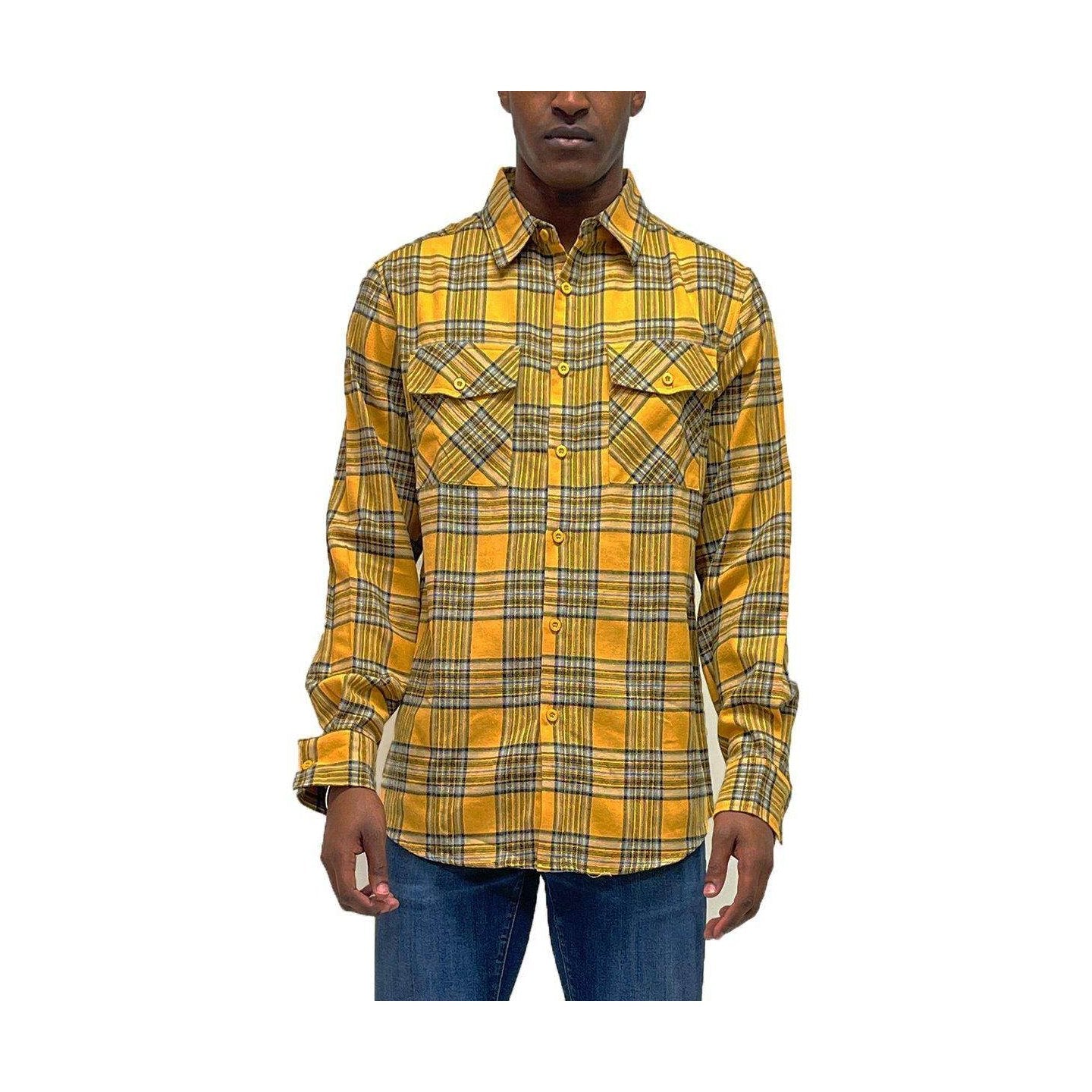 VacationGrabs gold plaid long sleeve shirt with two chest pockets for a stylish look