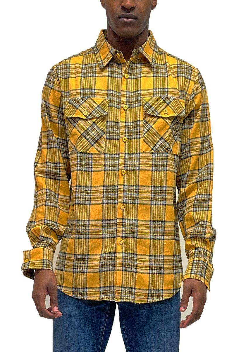 VacationGrabs gold plaid long sleeve shirt with two chest pockets for a stylish look