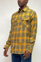 Men's gold plaid long sleeve shirt from VacationGrabs featuring two front pockets and a classic fit