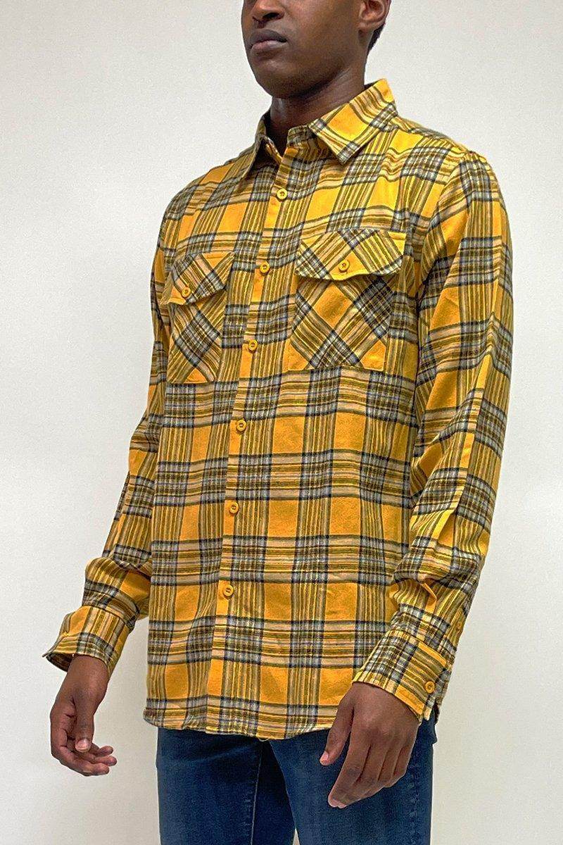 Men's gold plaid long sleeve shirt from VacationGrabs featuring two front pockets and a classic fit