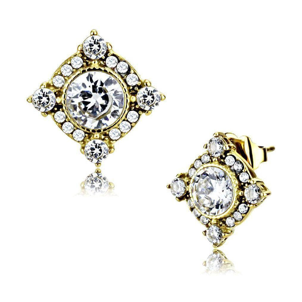 Gold plated stainless steel earrings featuring sparkling clear crystals in a stylish design