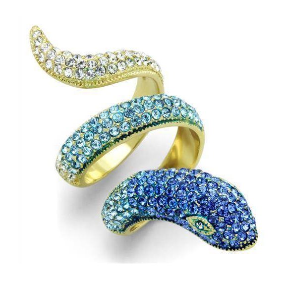 Stylish gold snake ring for women adorned with sparkling blue and green rhinestones