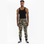 Men's green brown camo sweatpants from VacationGrabs with elastic waistband and cuffed ankles