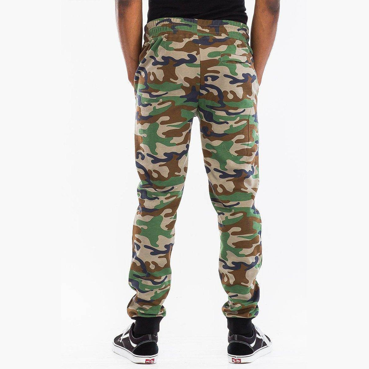 Men's green brown camo sweatpants featuring a comfortable fit and stylish design