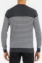 Back view of a grey striped sweater for men by VacationGrabs, featuring long sleeves and a comfortable fit.