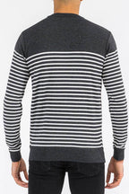 Back view of a grey striped sweater for men by VacationGrabs, featuring long sleeves and a comfortable fit.