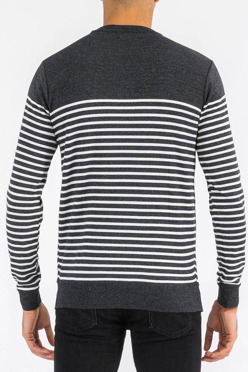 Back view of a grey striped sweater for men by VacationGrabs, featuring long sleeves and a comfortable fit.