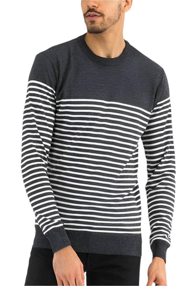 Grey striped sweater for men featuring a classic crew neck and comfortable fit