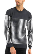 Grey striped sweater for men featuring a classic crew neck and comfortable fit