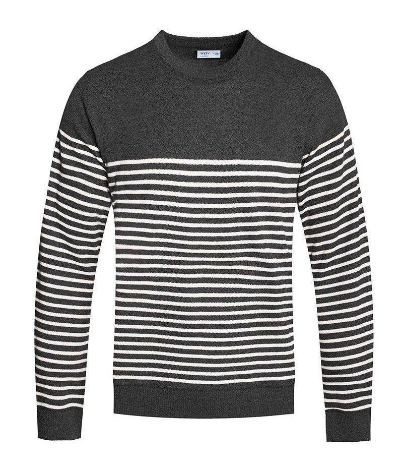 Grey striped sweater for men featuring a classic crew neck and comfortable fit for casual wear