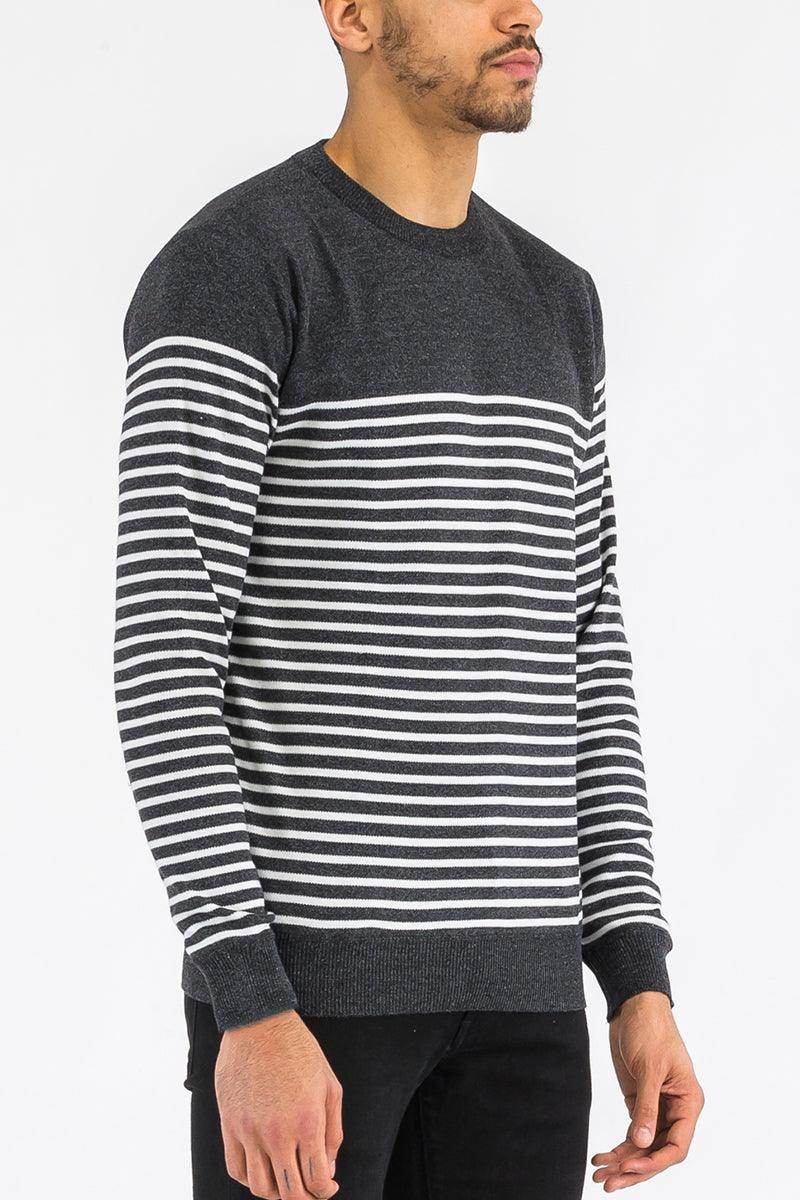 Grey striped sweater for men featuring a comfortable fit and stylish design for casual wear