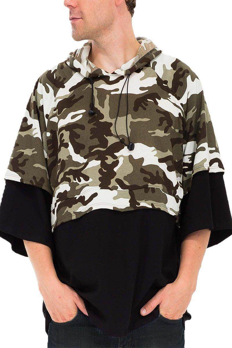 Men's half camo olive sweatshirt with hood and stylish black hem for casual wear