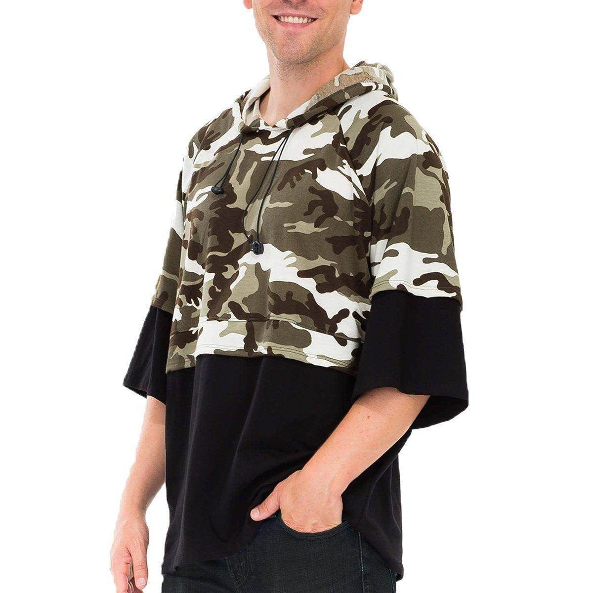 Men's half camo olive sweatshirt featuring a stylish design with a hood and relaxed fit