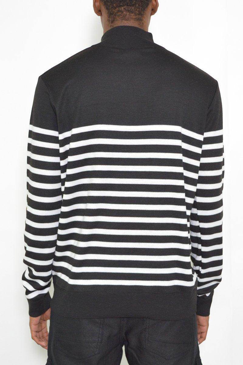 Men's half zip pullover shirt in black with white stripes for a stylish look