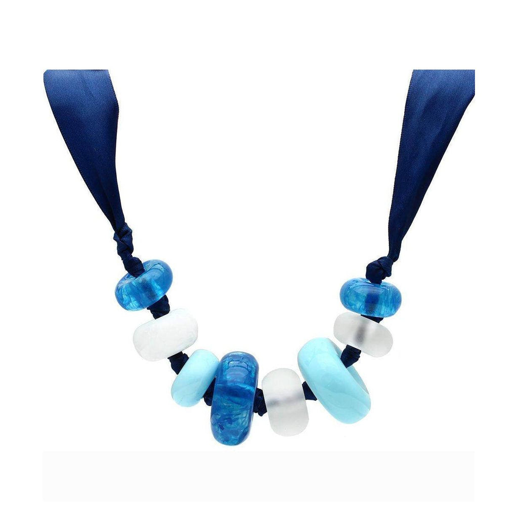 Handmade blue beaded necklace with large beads in various shades of blue and white