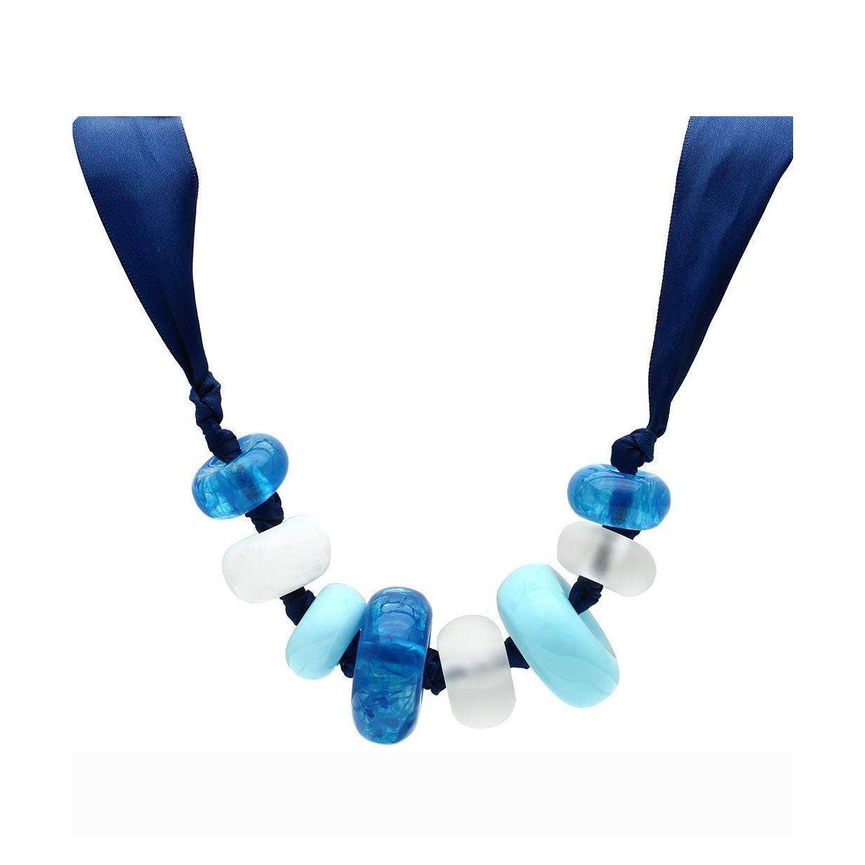 Handmade blue beaded necklace with large beads in various shades of blue and white