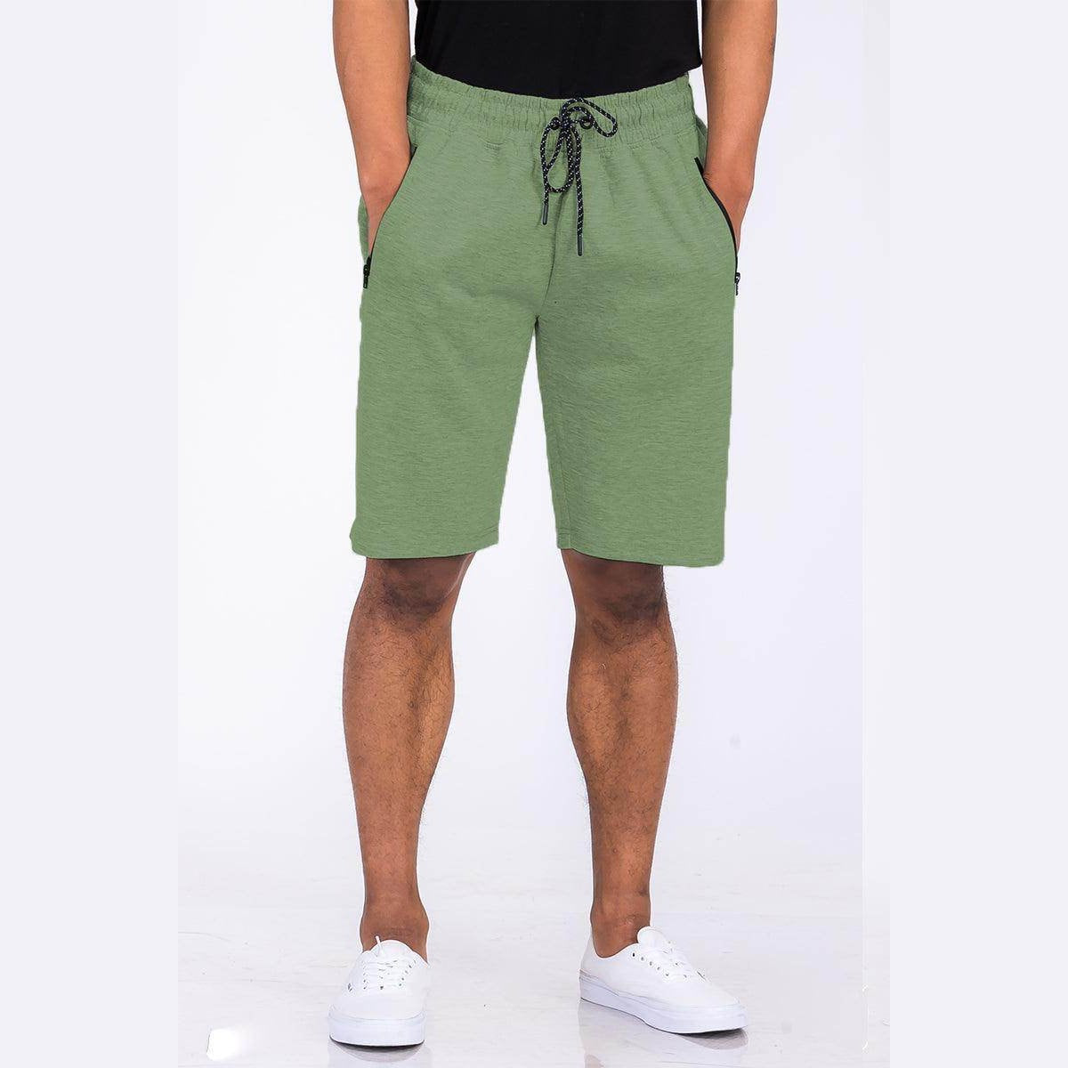 Heathered mens shorts in green color with an elastic waist and side pockets for casual wear