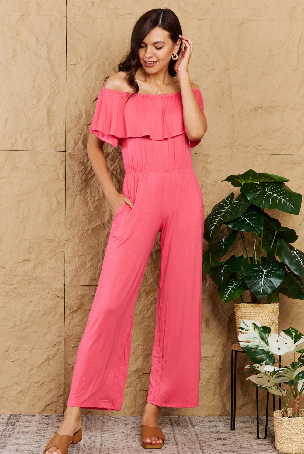 Women's Jumpsuits & Rompers Heimish My Favorite Full Size Off-Shoulder Jumpsuit With Pockets