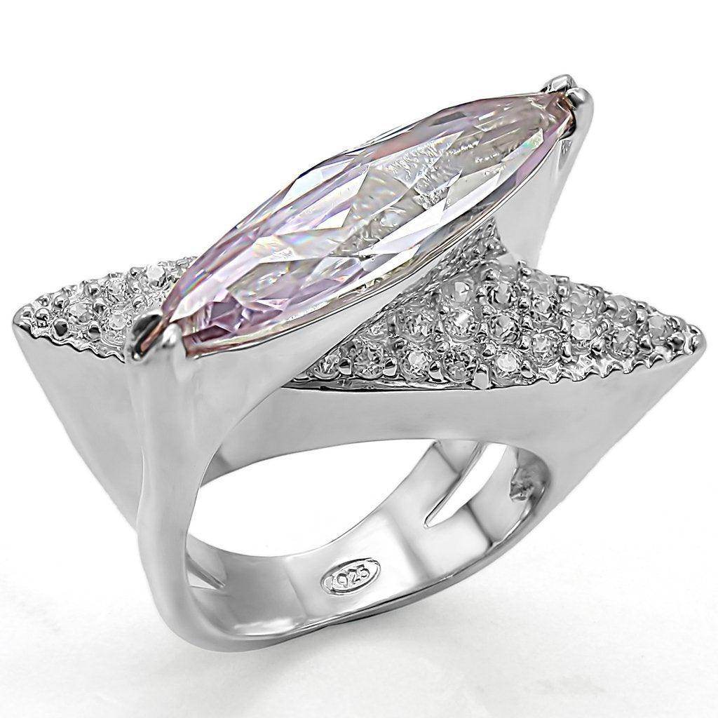 Stunning high polished 925 sterling silver women's ring with a marquise cut stone and sparkling accents