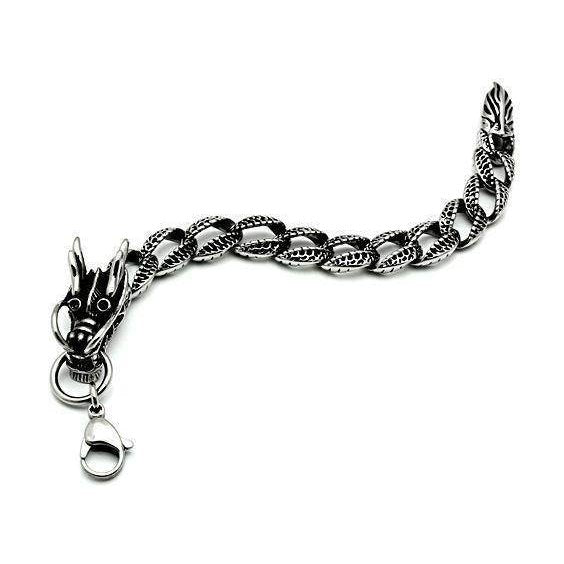 High polished mens bracelet featuring a unique dragon clasp design and intricate chain links