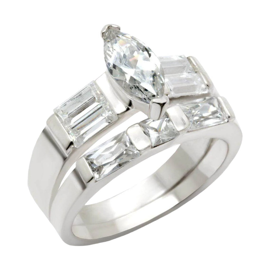 High polished silver engagement ring featuring a marquise-cut stone and elegant rectangular gems