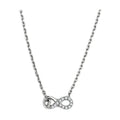 High polished silver tone necklace with an infinity pendant adorned with sparkling gemstones