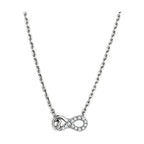High polished silver tone necklace with an infinity pendant adorned with sparkling gemstones