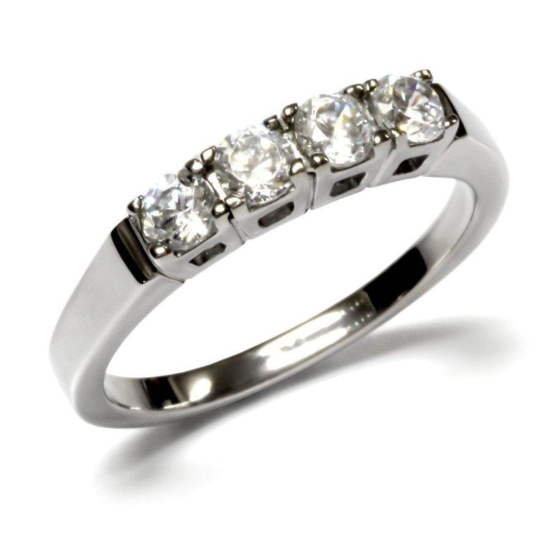 Elegant high polished stainless steel ring featuring four sparkling stones for a stunning look