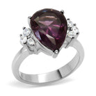 High polished stainless steel ring featuring a pear-shaped purple gemstone and sparkling accents