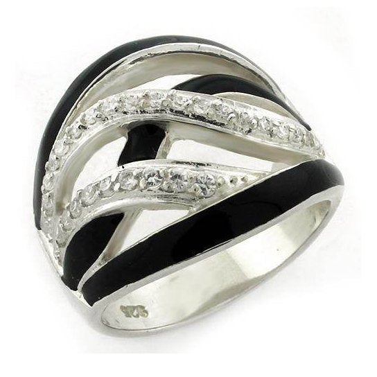 High polished sterling silver ring with black enamel and sparkling clear stones for a stylish look