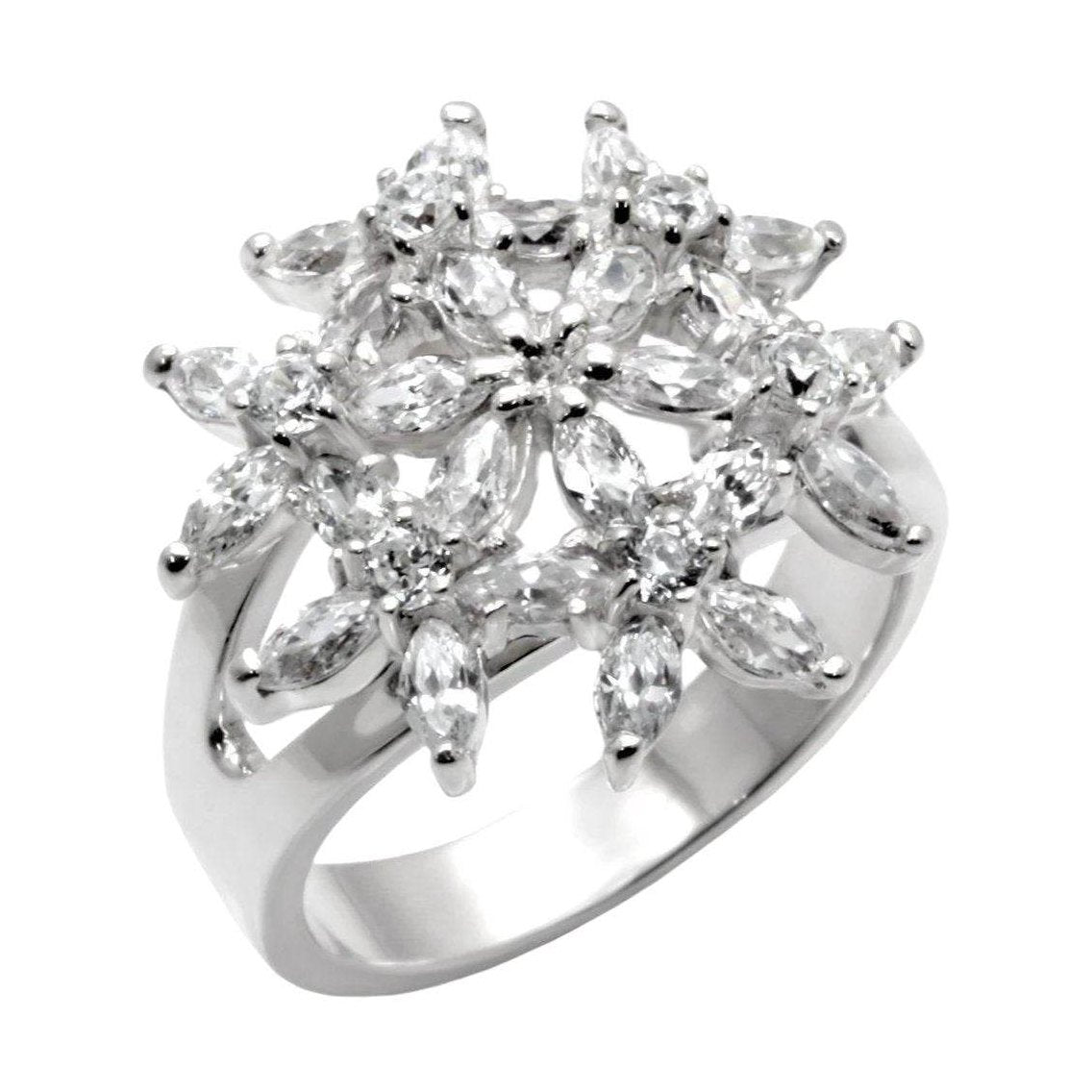 High polished sterling silver ring featuring a floral design with sparkling gemstones