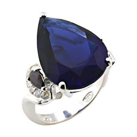 Elegant high polished sterling silver ring featuring a large pear-shaped blue gemstone and sparkling accents