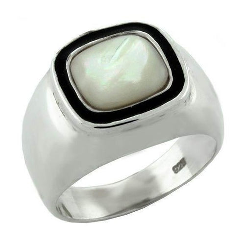High polished sterling silver ring featuring a stylish square white stone centerpiece